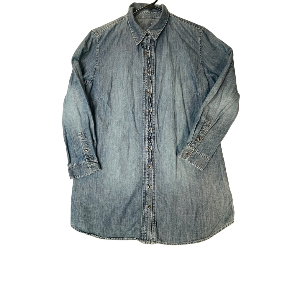 Denim Tunic Shirt Dress Blue Long Sleeve Button Up Pintuck Pleat Cotton 35" L - Picture 2 of 11